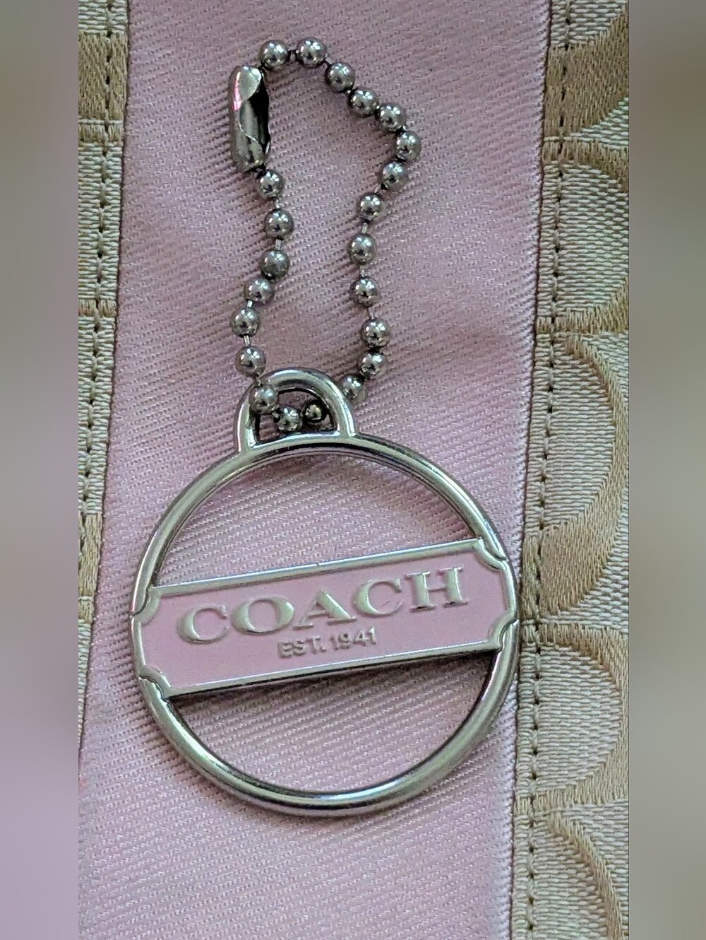 Coach Very Rare Pink Enamel Logo Key Ring Charm with Silver-Tone Chain